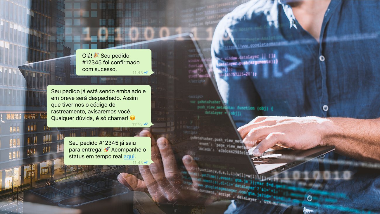 Captura de tela de mensagens automáticas no WhatsApp configuradas com o Z-API para acompanhamento de pedidos em e-commerce. A imagem mostra notificações automatizadas informando a confirmação, preparação e envio de um pedido, destacando a eficiência da API na comunicação com clientes.